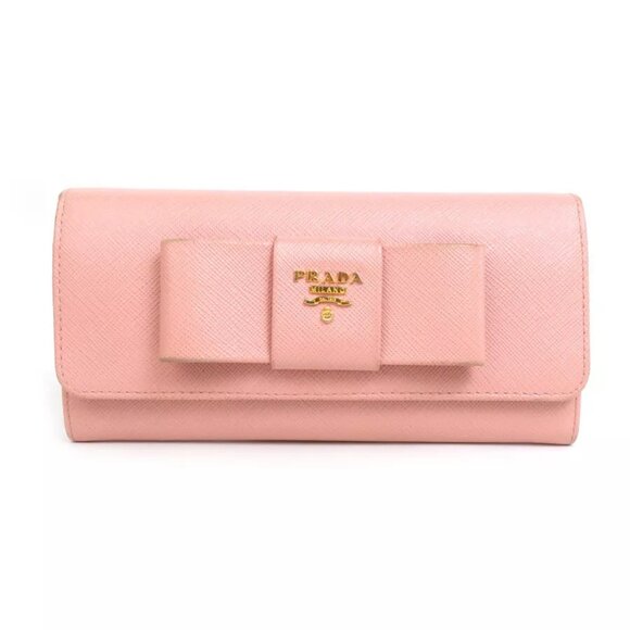 PRADA Saffiano Ribbon Bifold Long Wallet Light Pink/Gold Leather - Picture 1 of 10